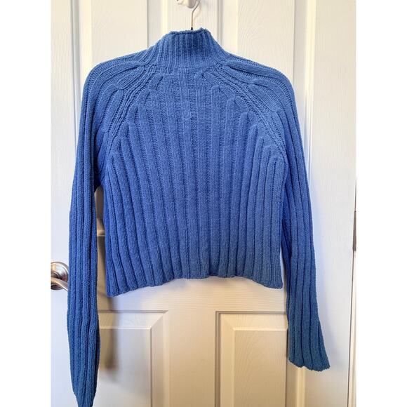 American Eagle Cropped Ombre Blue Ribbed Mock Neck Sweater Women’s XS Soft Knit - Picture 8 of 11